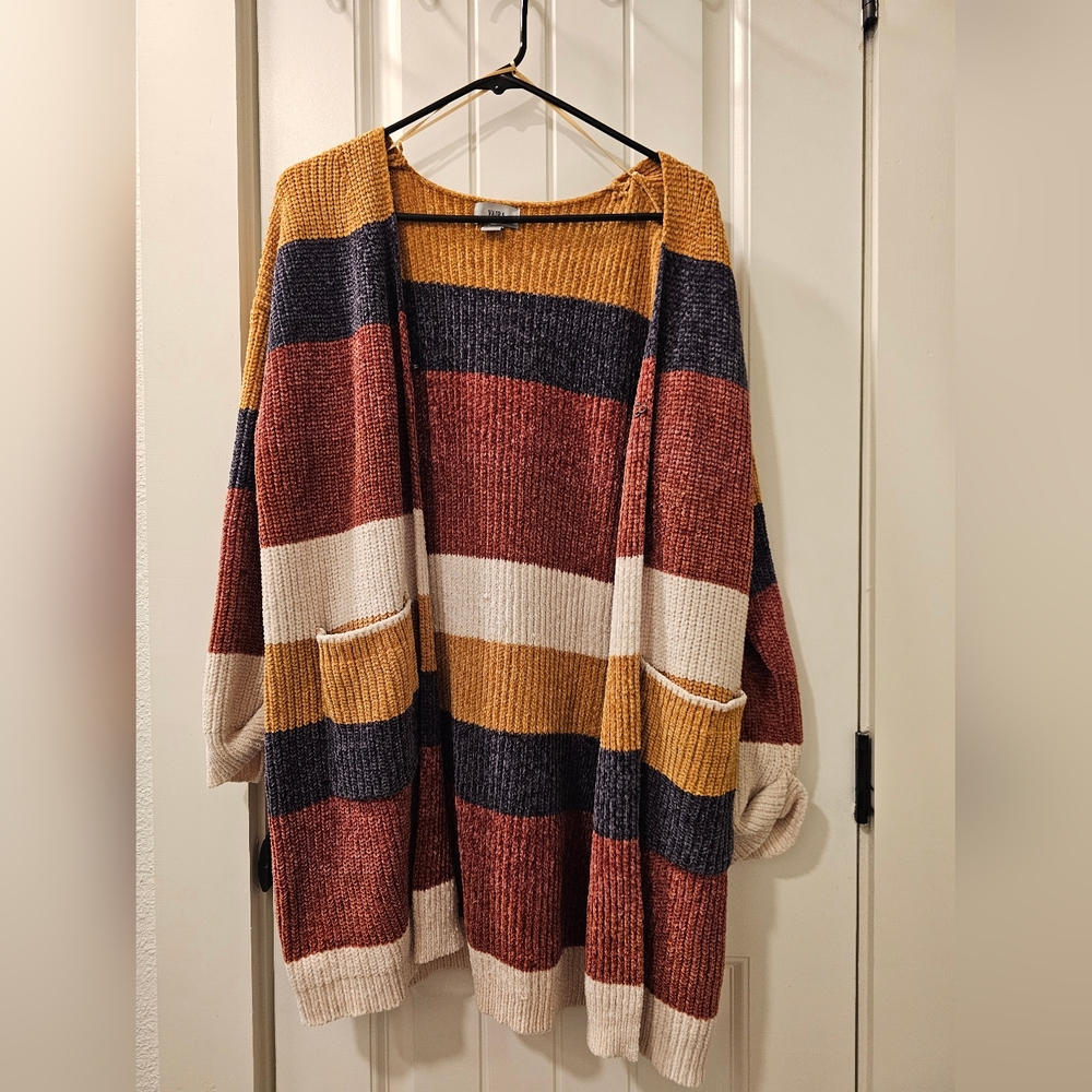 Cozy Striped Cardigan in Mustard, Navy, and Rust